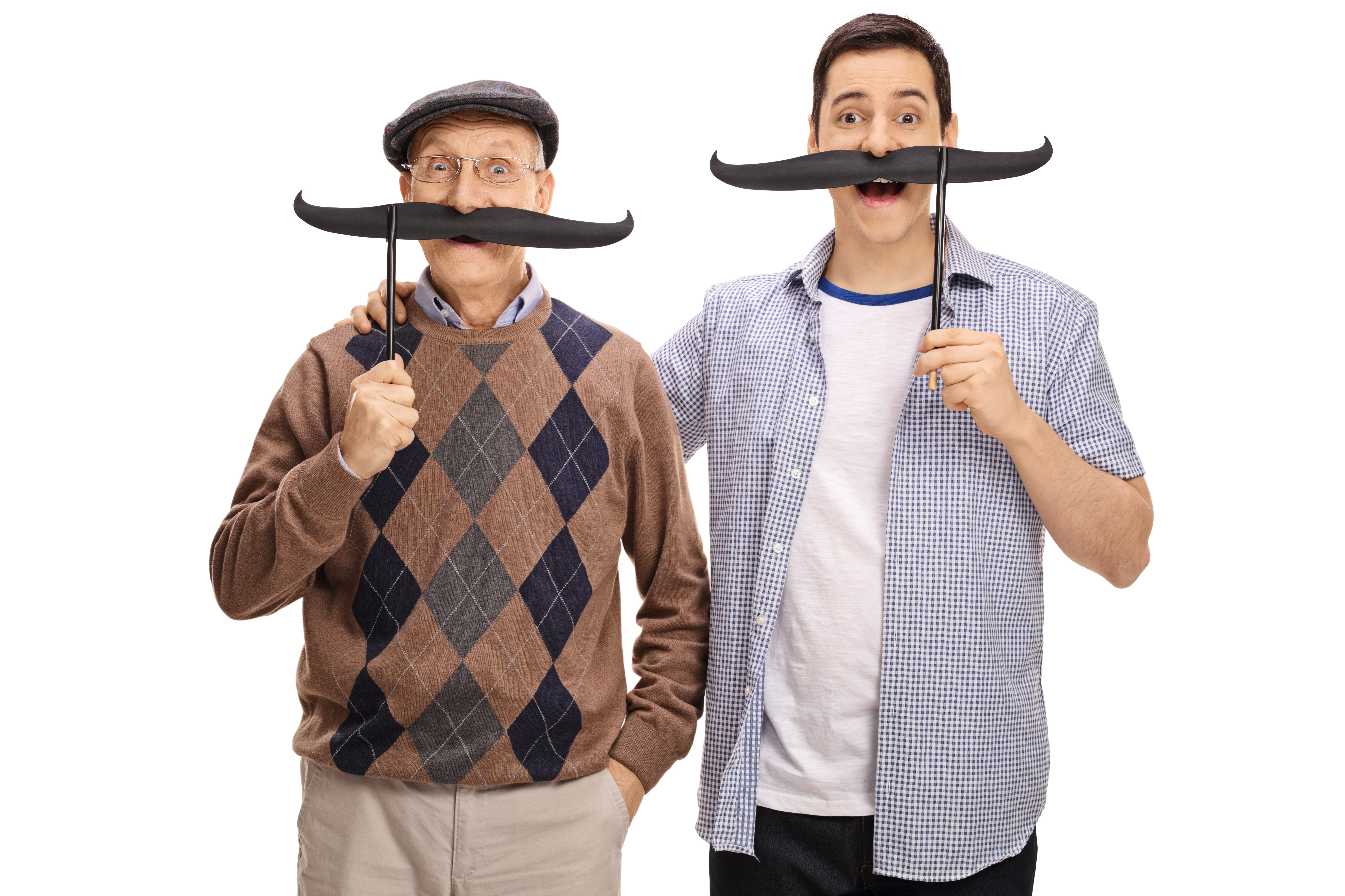 Senior and a young man posing with big fake moustaches